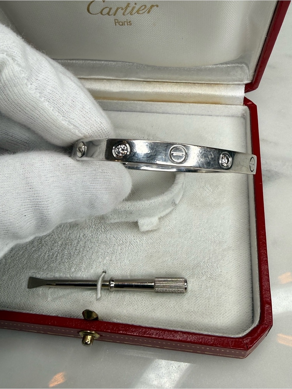 Auth Cartier 18k White Gold 6 Diamond love Bracelet with Red Box Sz 17 - Picture 8 of 14